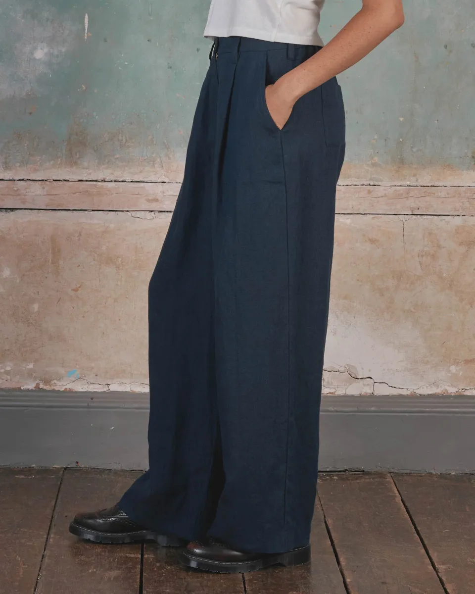 Wide Leg, Pleated Linen Trousers No.16 in Mariner Blue 2