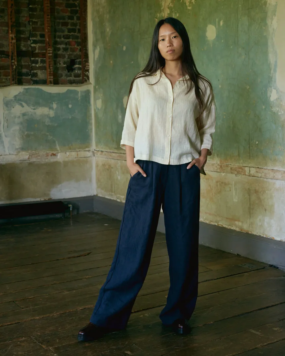Wide Leg, Pleated Linen Trousers No.16 in Mariner Blue 4