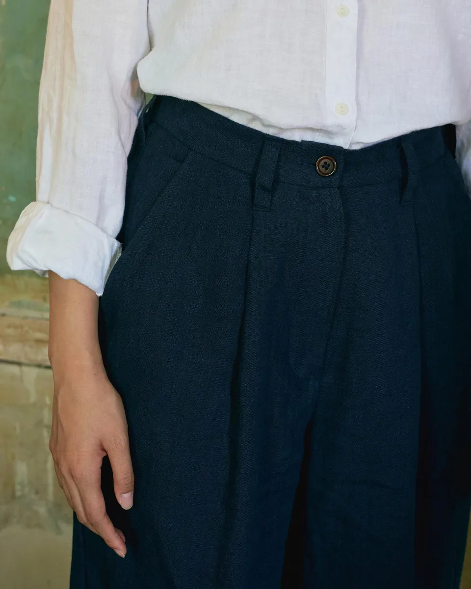 Wide Leg, Pleated Linen Trousers No.16 in Mariner Blue 5