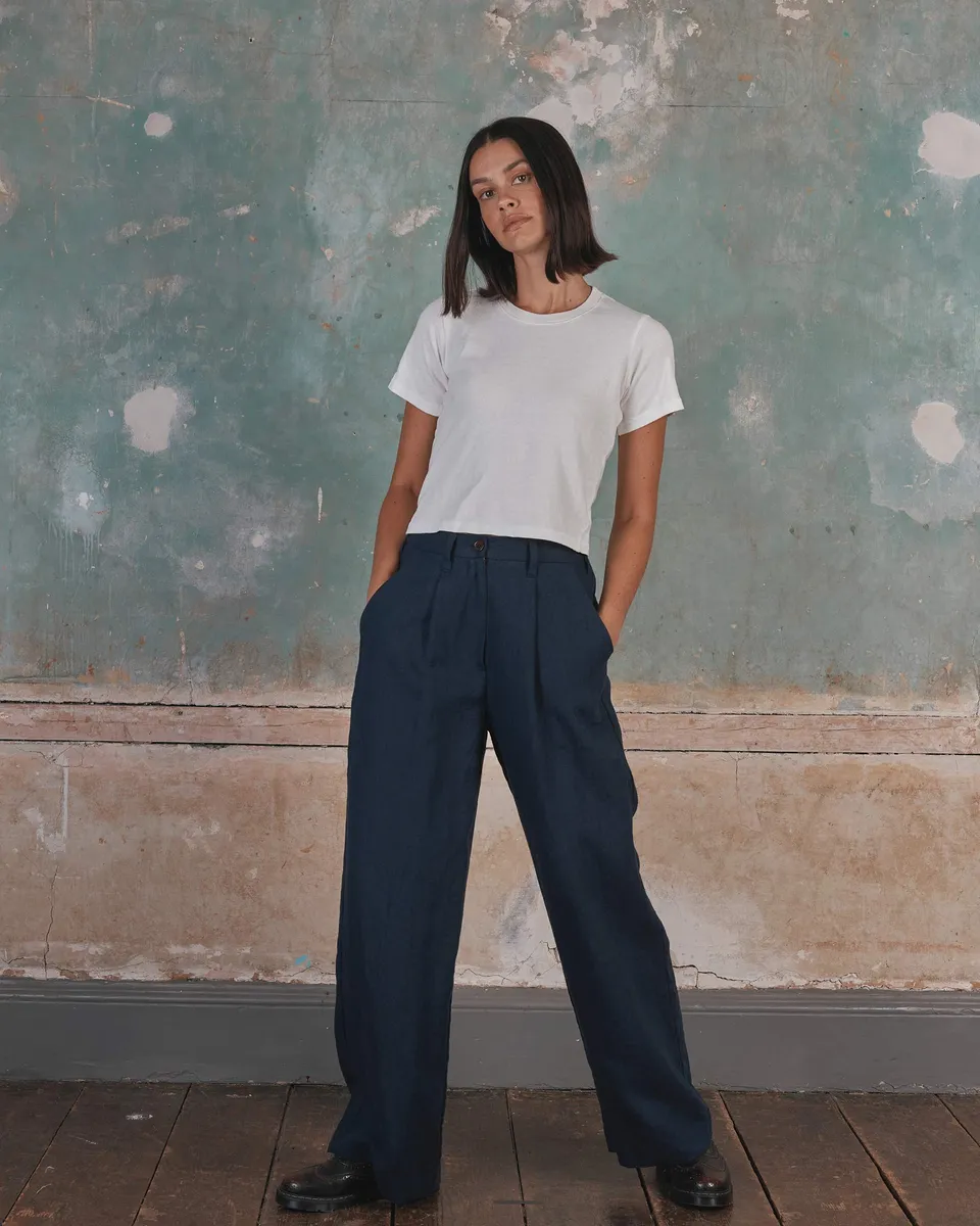 Wide Leg, Pleated Linen Trousers No.16 in Mariner Blue 6