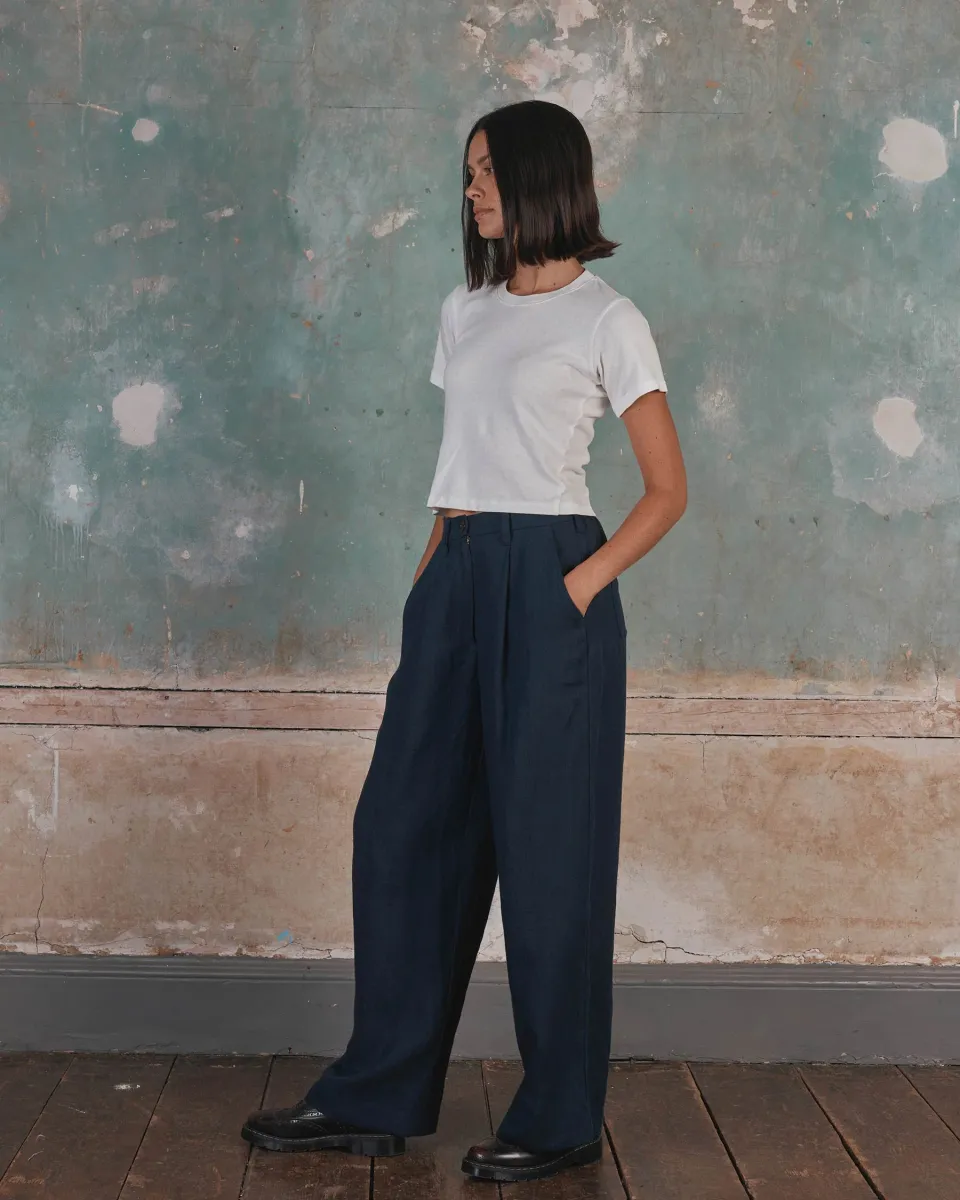 Wide Leg, Pleated Linen Trousers No.16 in Mariner Blue 7