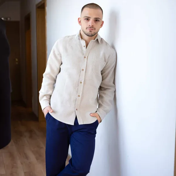 RAPHAEL 100% Organic Hemp 10oz Long-Sleeve Shirt (Thicker 10oz Fabric, Plastic-Free Coconut Buttons) (99.99%-100% Biodegradable)